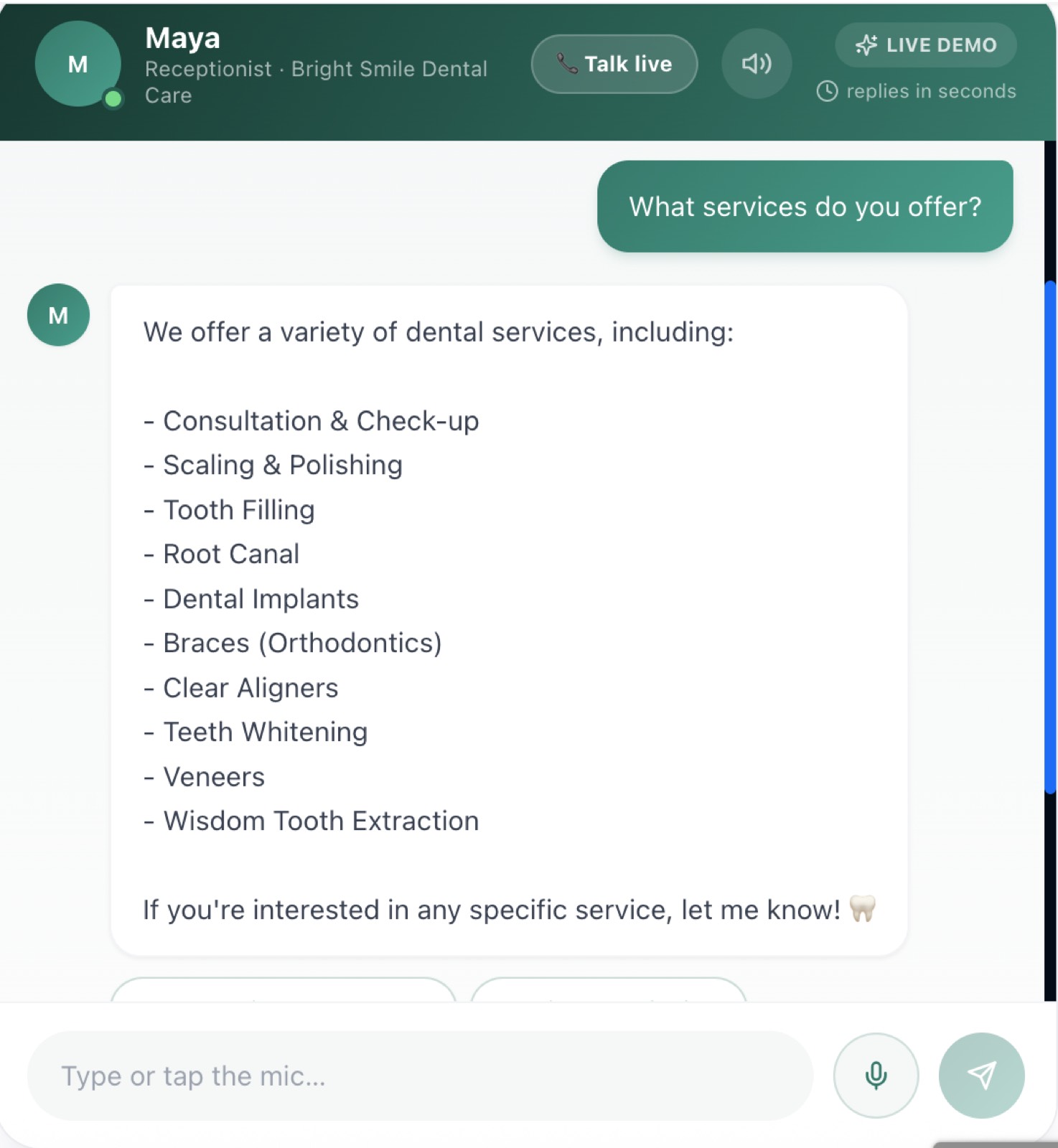 Maya AI Receptionist — Answers treatment & pricing questions instantly, in natural English