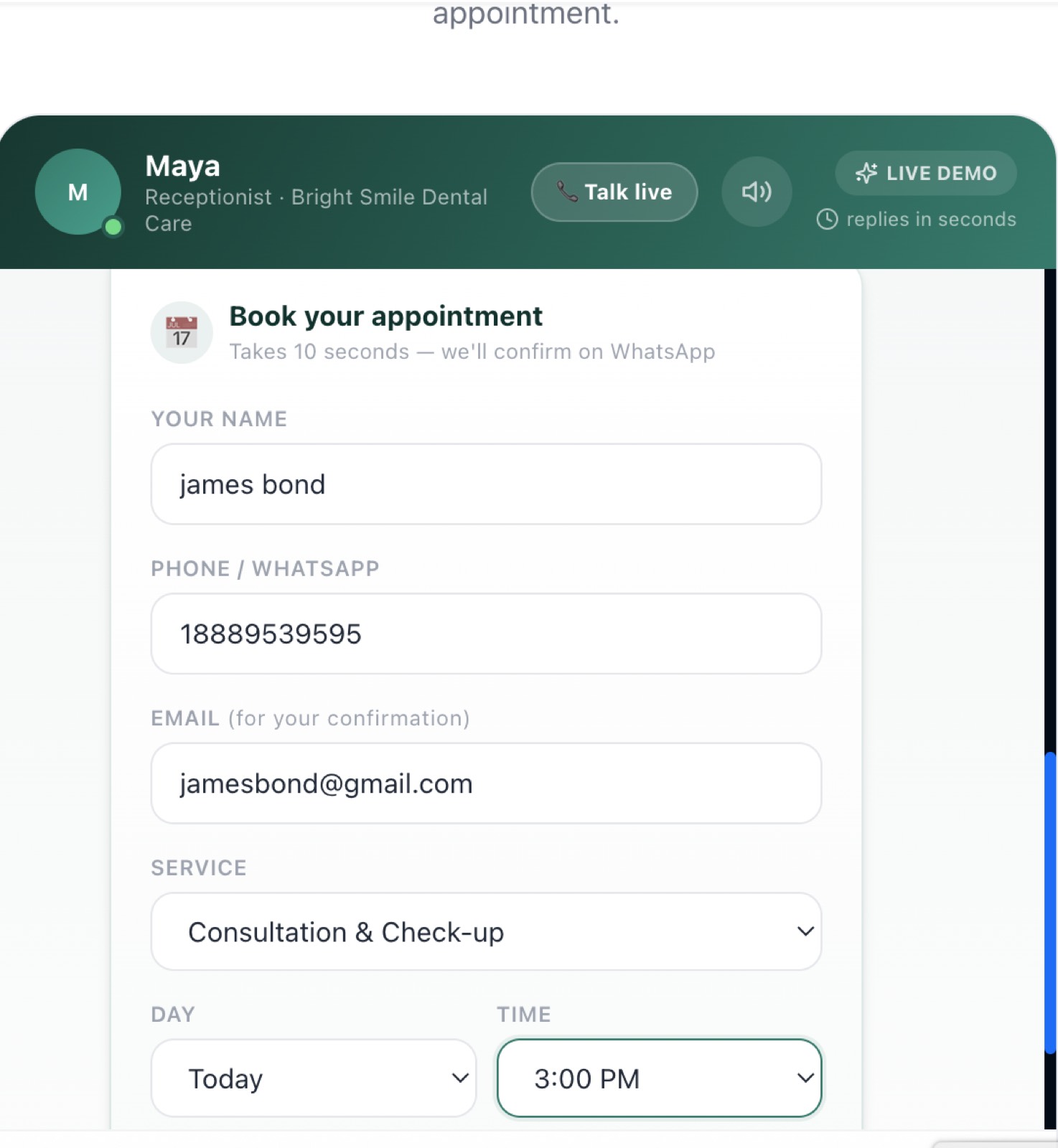 Maya AI Receptionist — Guides the patient through a quick in-chat booking form