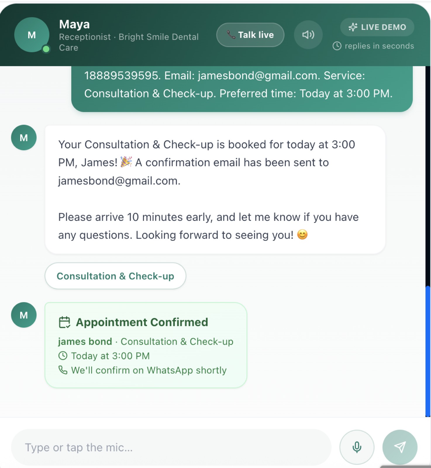 Maya AI Receptionist — Confirms the appointment automatically — no staff involved