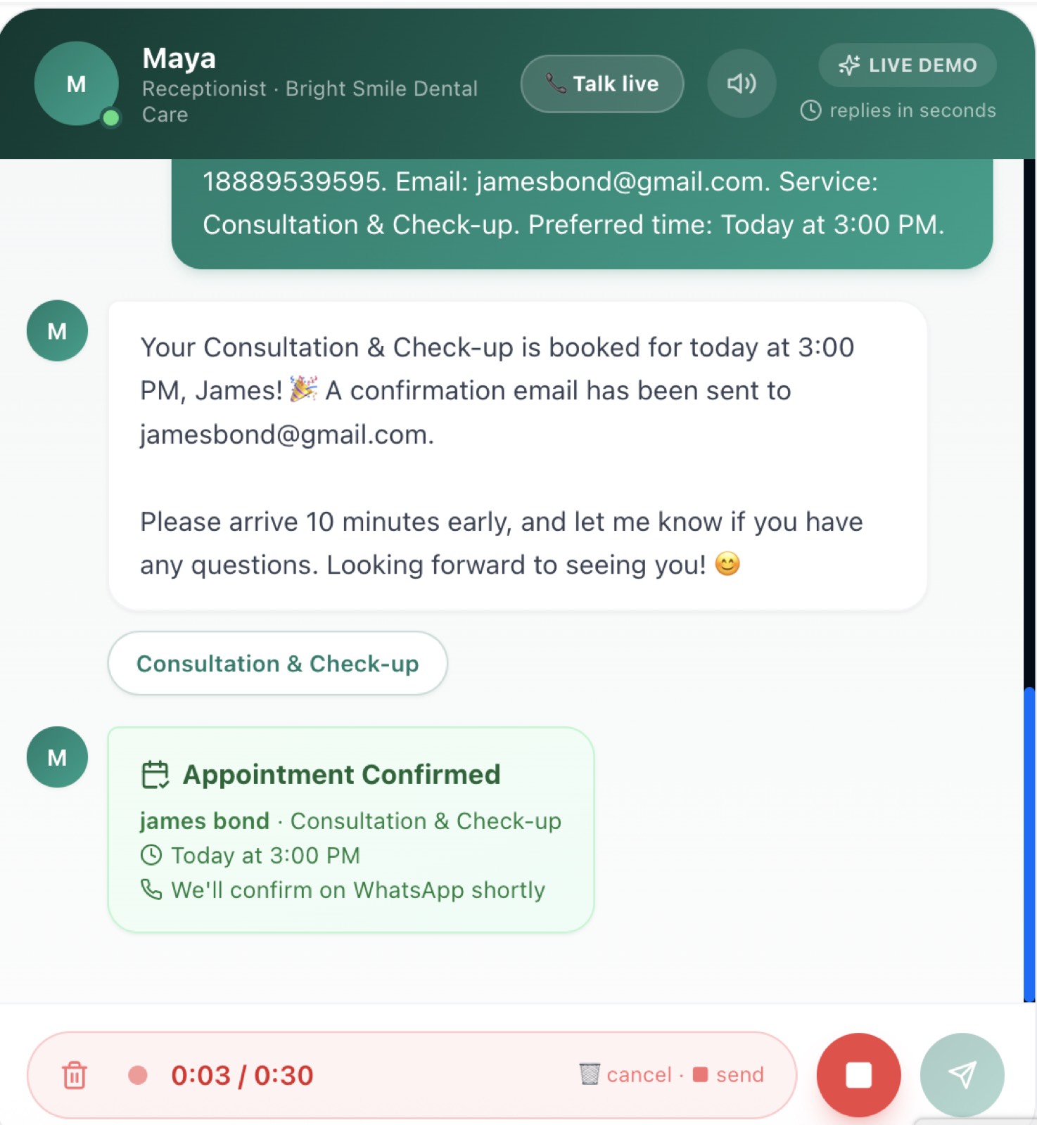 Maya AI Receptionist — Supports voice notes for patients who'd rather speak than type