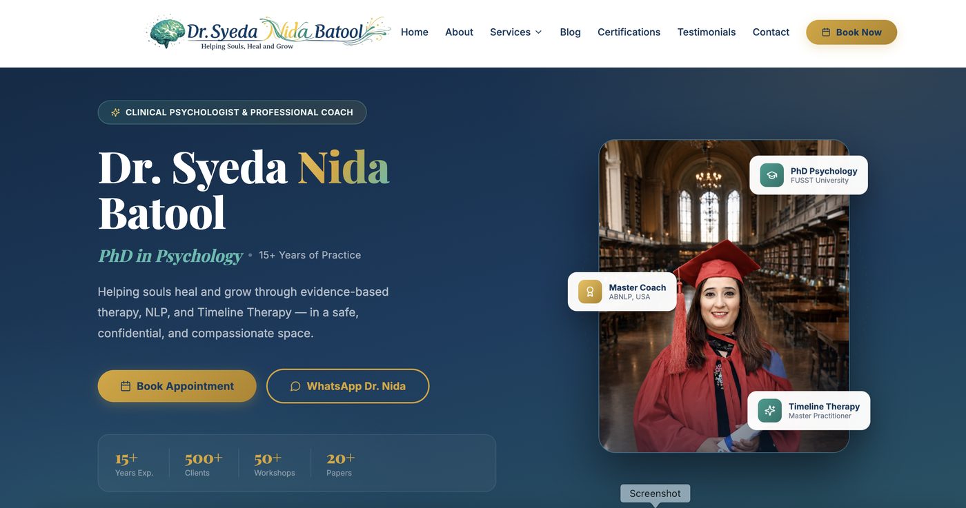 Dr. Syeda Nida Batool website screen 1