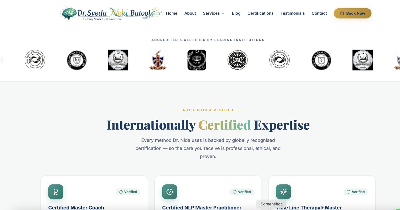 Dr. Syeda Nida Batool website screen 2