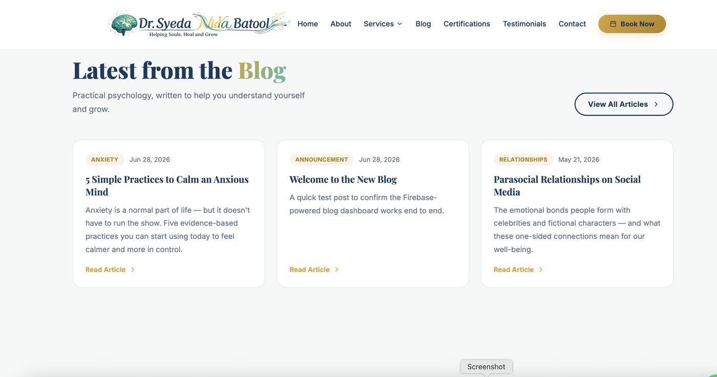 Dr. Syeda Nida Batool website screen 3