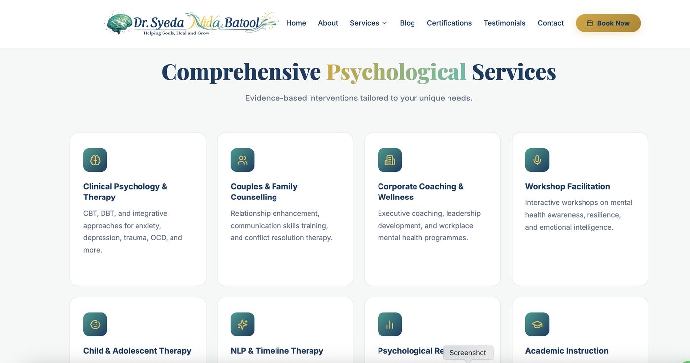 Dr. Syeda Nida Batool website screen 4