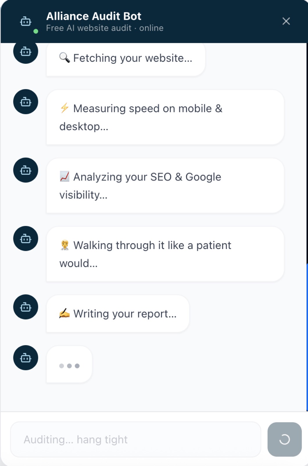 Free Website Audit — Walks through the site live — speed, SEO, and patient experience checks