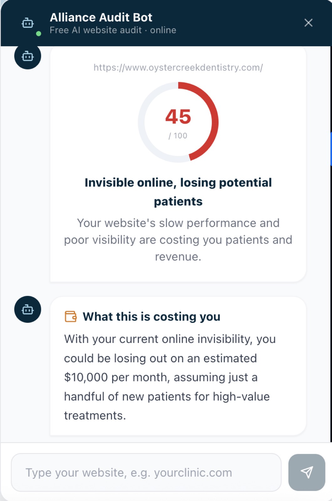 Free Website Audit — Delivers an instant score and estimates the monthly revenue it's costing