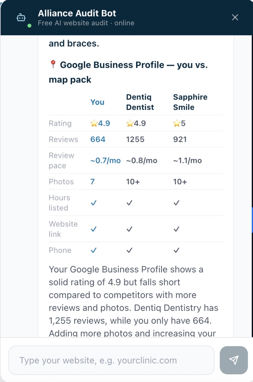 Free Website Audit — Benchmarks your Google Business Profile against the local map pack