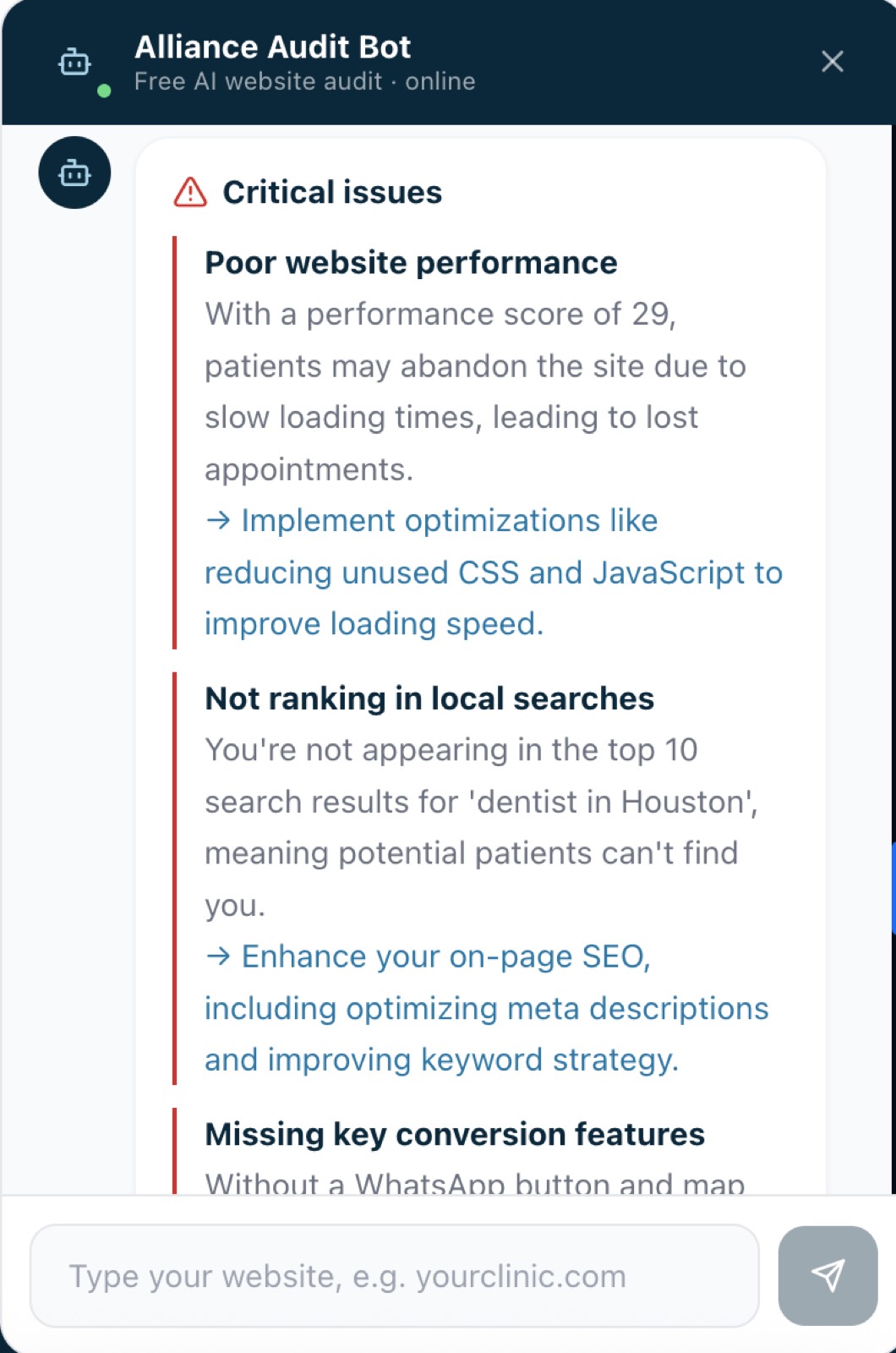 Free Website Audit — Lists critical issues with a clear, actionable fix for each one