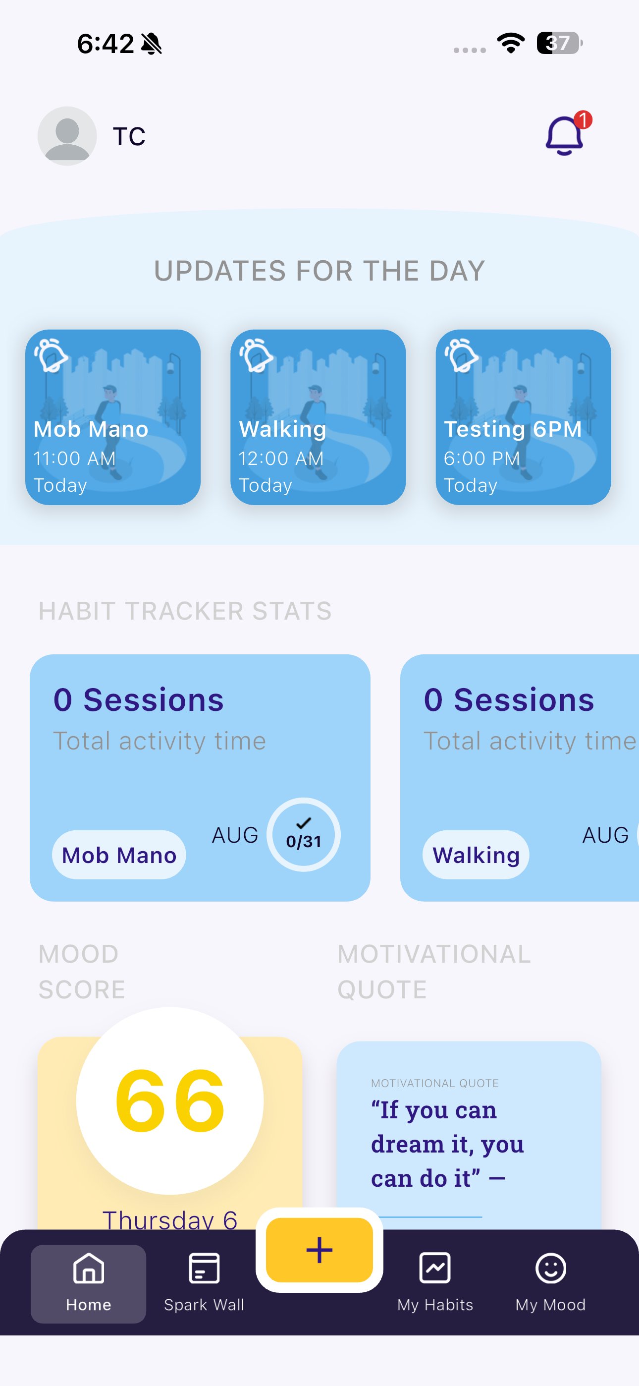 Spark — Home — daily updates, habits & mood score
