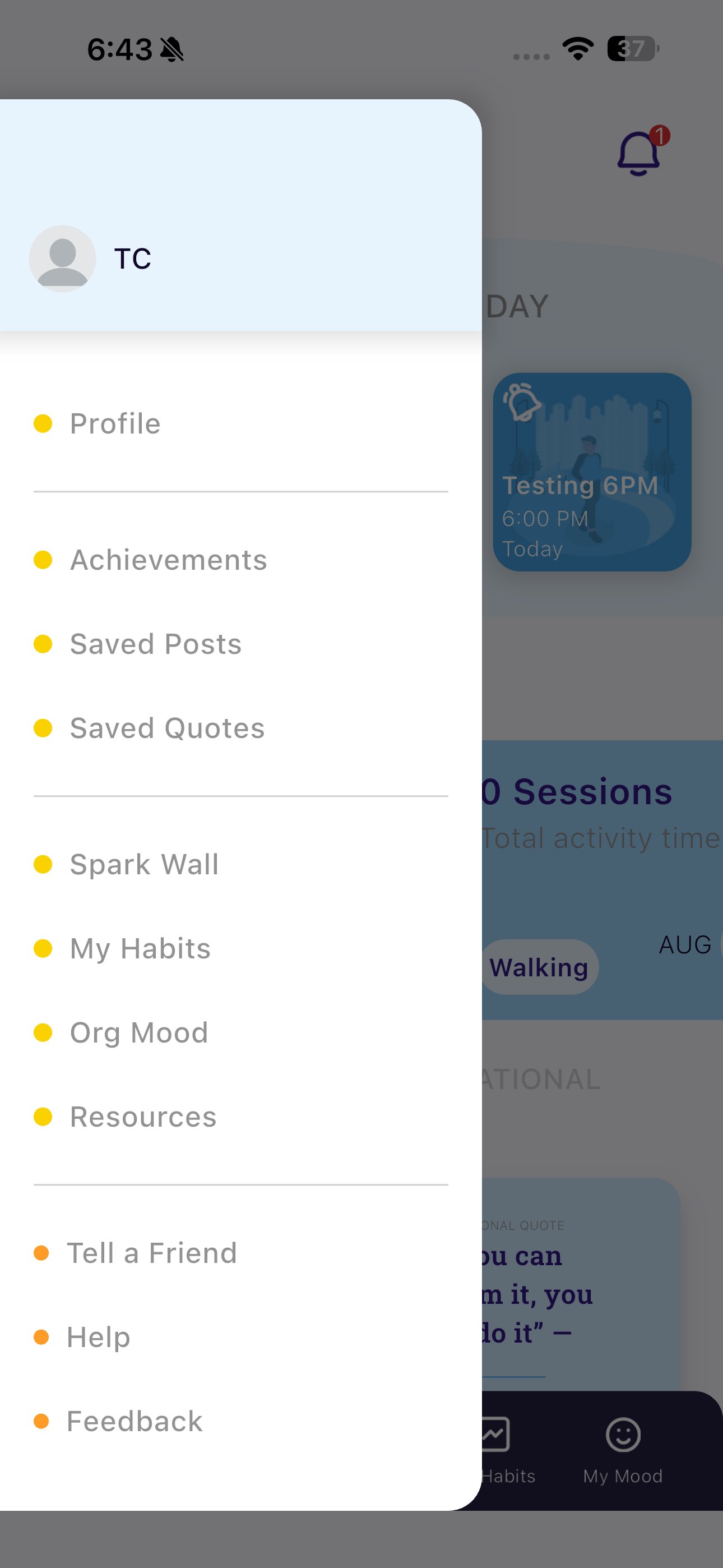 Spark — Side menu — profile, habits & resources